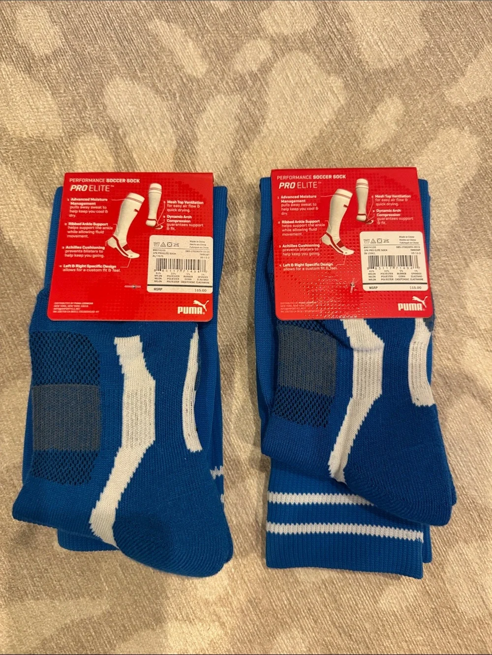 Puma youth, size 1, two pairs, Athletic Soccer Socks in Blue with White Stripe